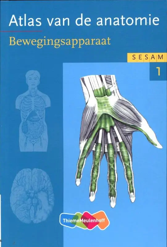Blauwe cover van sesam atlas van de anatomie met gedetailleerde illustratie van handspieren en pezen door werner platzer