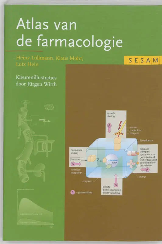 Groen en bruin boekcover van sesam atlas met wetenschappelijke celprocesdiagram en gelabelde componenten