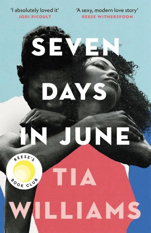 De boekcover van seven days in june door tia williams toont twee omhelzende figuren in zwart-wit tegen een blauw-rode achtergrond