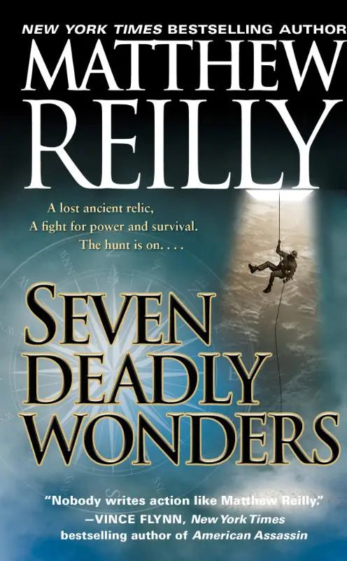 De boekcover van seven deadly wonders door matthew reilly toont een donkerblauw en zwart ontwerp met witte tekst