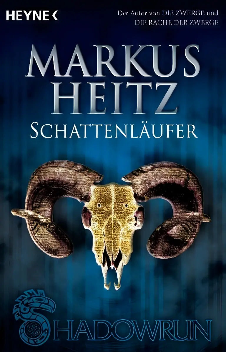 Een donker, gedetailleerd ram schedel met gouden accenten op de cover van shadowrun schattenläufer in einem band