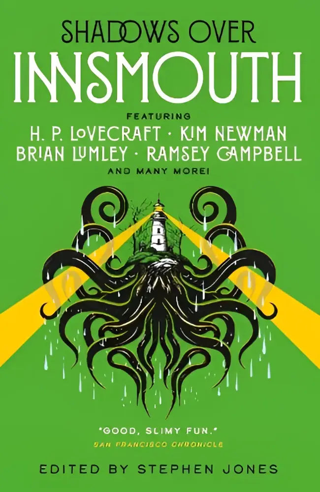 Green book cover of shadows over innsmouth featuring a black octopus wrapping a lighthouse with yellow rays