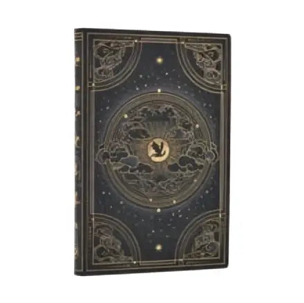 Mini lined journal shadows of navarre black hardcover with gold embossed celestial design and central moon motif