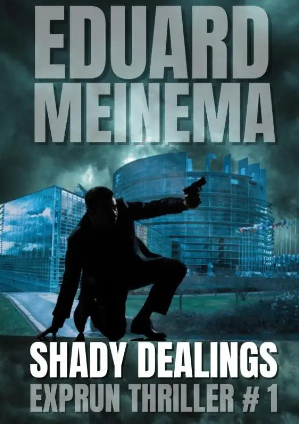 Dark silhouette of a man crouching with a handgun against a blue cityscape in exprun thriller shady dealings cover