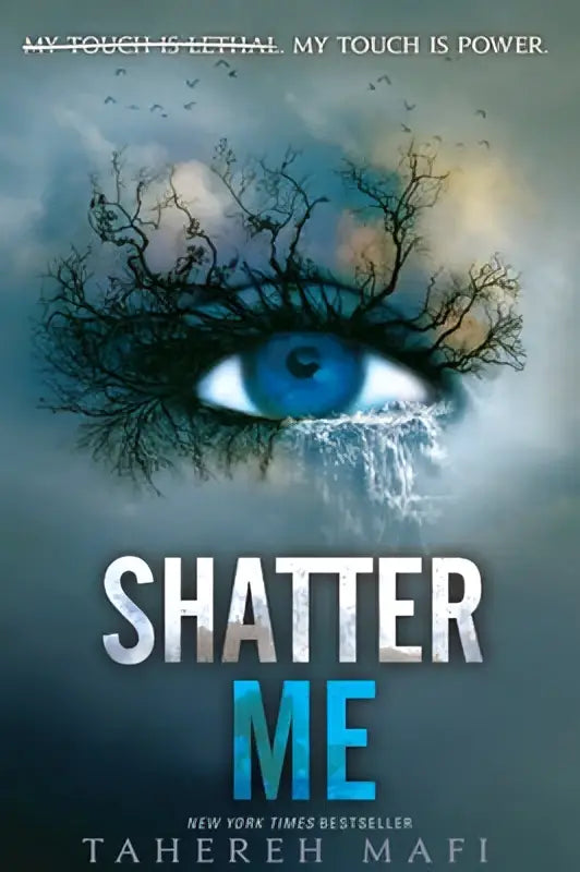 De boekcover van shatter me toont een opvallende blauwe oog met takachtige vertakkingen in de iris