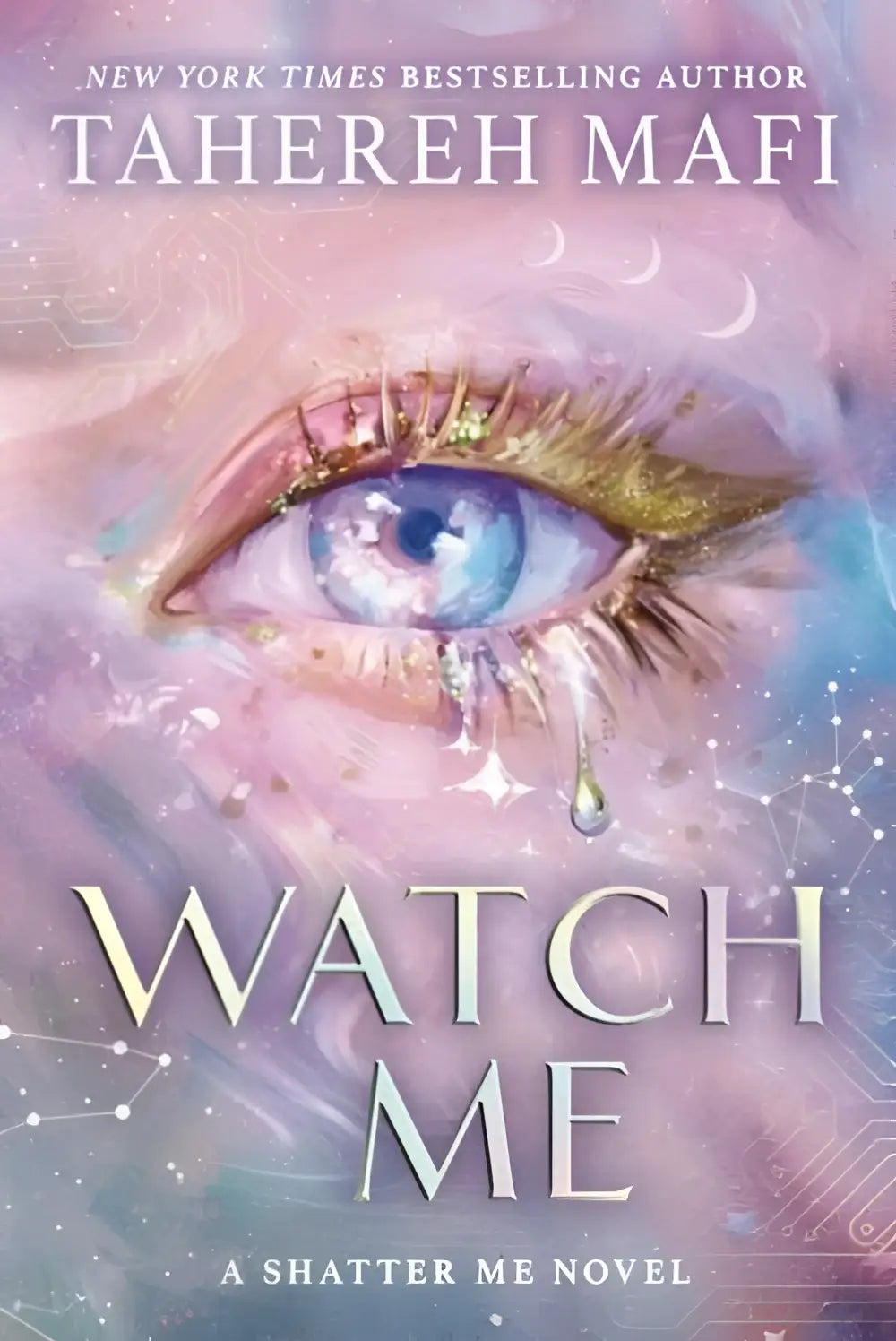 Illustratie van een shatter me nieuwe republic watch met blauwe iris en gouden wimpers tegen een dromachte achtergrond