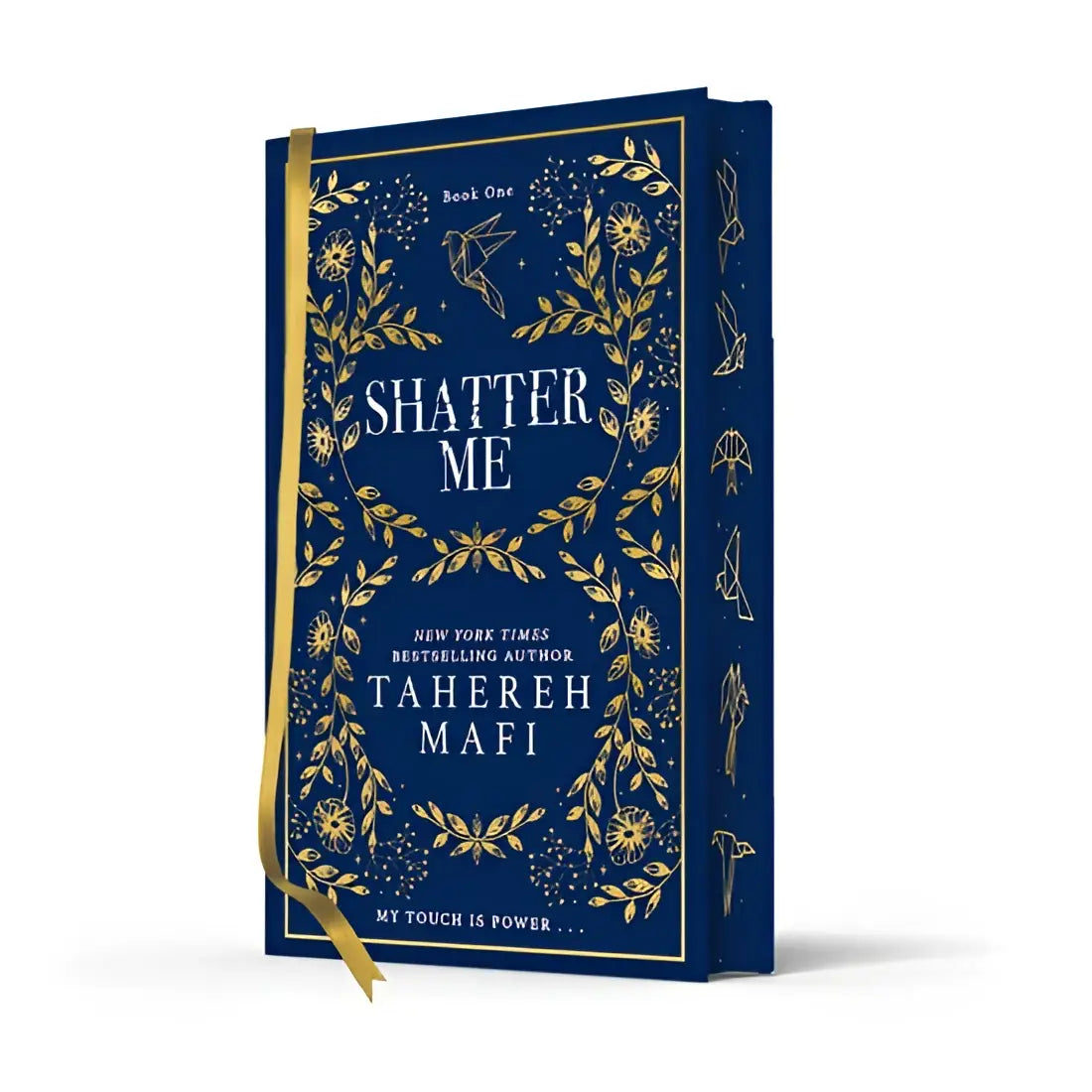 Diepblauwe hardcover special collector’s edition van shatter me door tahereh mafi met gouden folie en lintboeklegger