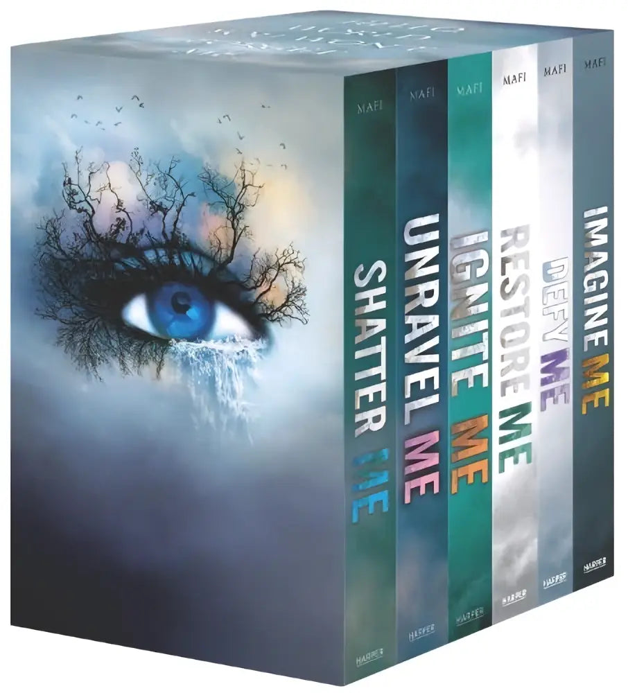De boxset bevat zes kinderboeken van tahereh mafi met covers van een oog omringd door takken, uitgegeven door harpercollins