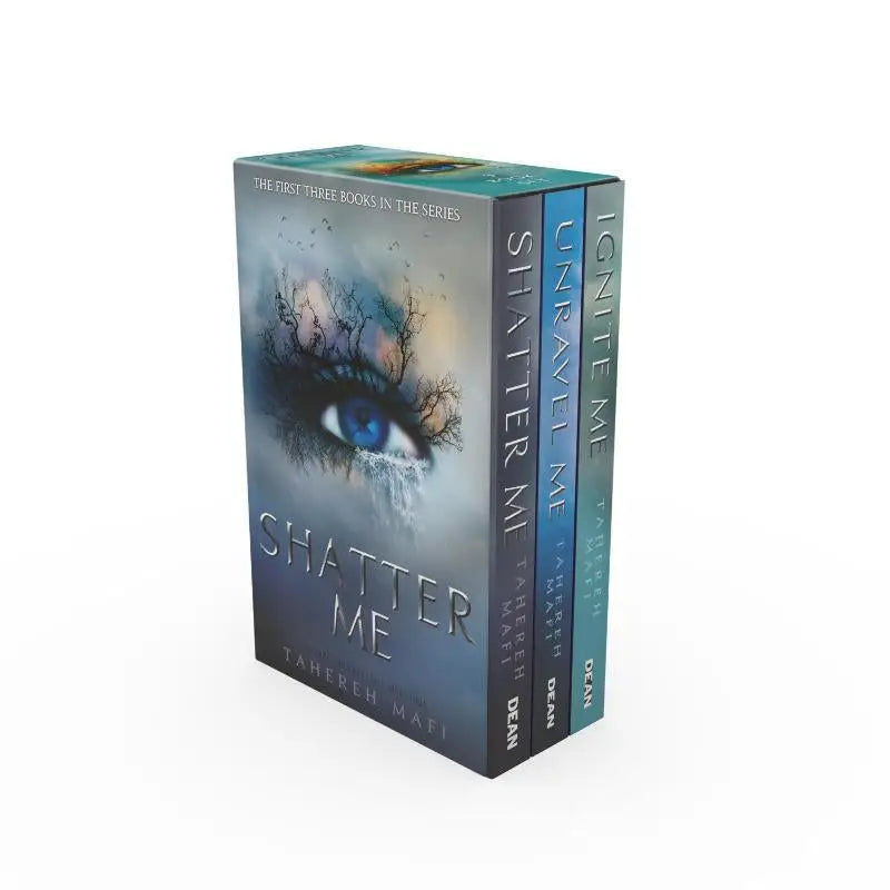 De shatter me x3 book set door tahereh mafi met opvallend blauw oogontwerp op teal en grijze covers, harper collins publ