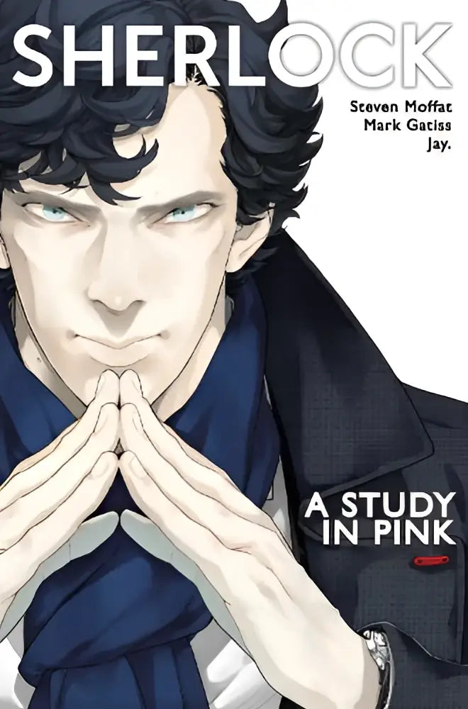 Zwart-witte manga cover van sherlock a study in pink met man met donker krullend haar en marineblauwe sjaal