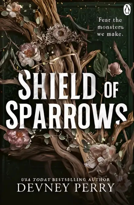 De cover van shield of sparrows door devney perry toont een donker ontwerp met vertakte takken en roze bloemen