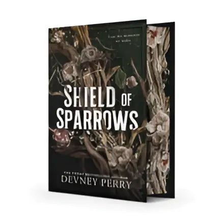 De speciale editie van shield of sparrows door devney perry heeft een donkere cover met delicate bloemen en vogels en past bij the day never meant