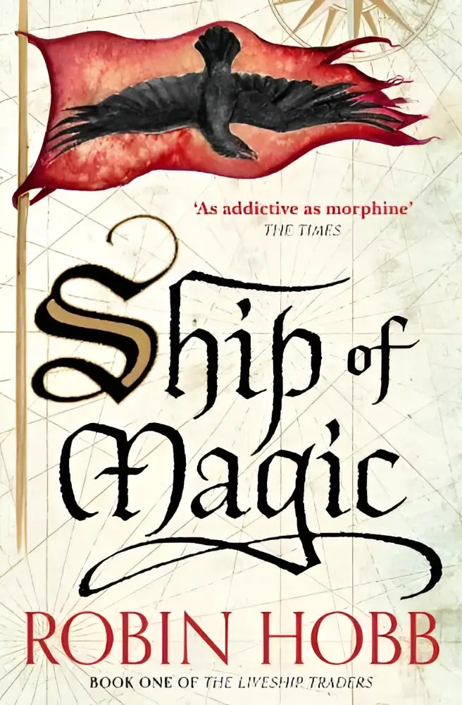 De cover van het boek Ship of Magic door Robin Hobb toont een zwarte raaf vliegend boven een rode gescheurde vlag