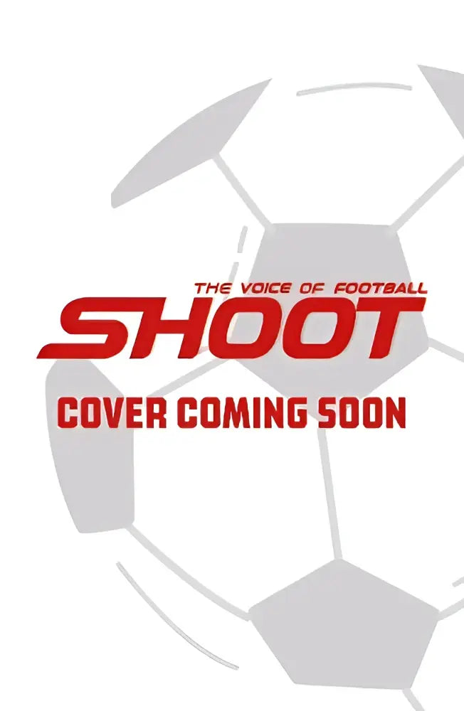 Rode shoot logo met de tekst the voice of football en cover coming soon op een grijs voetbalpatroon voor football legends cristiano ronaldo