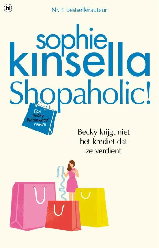 Blauwe nederlandstalige paperback novel shopaholic van sophie kinsella met cartoonvrouw en kleurrijke tassen