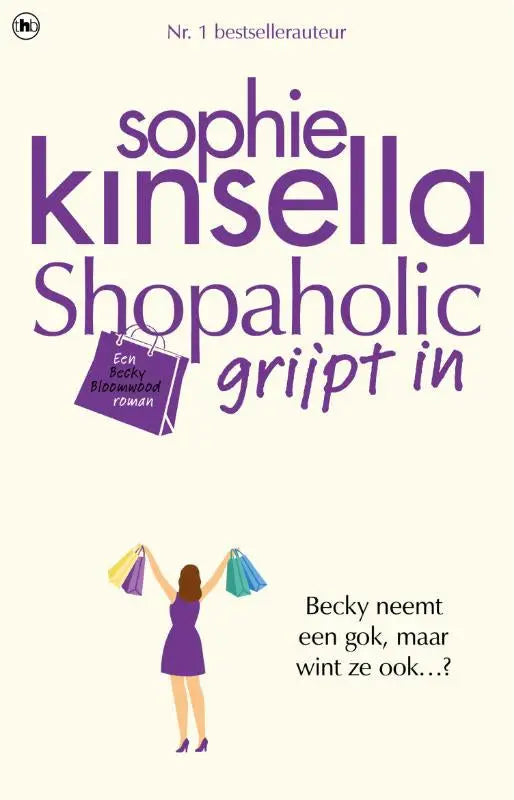 Paars shoppingbag met witte tekst een becky bloomwood roman en klein handvat op cover van sophie kinsellas shopaholic grijpt in