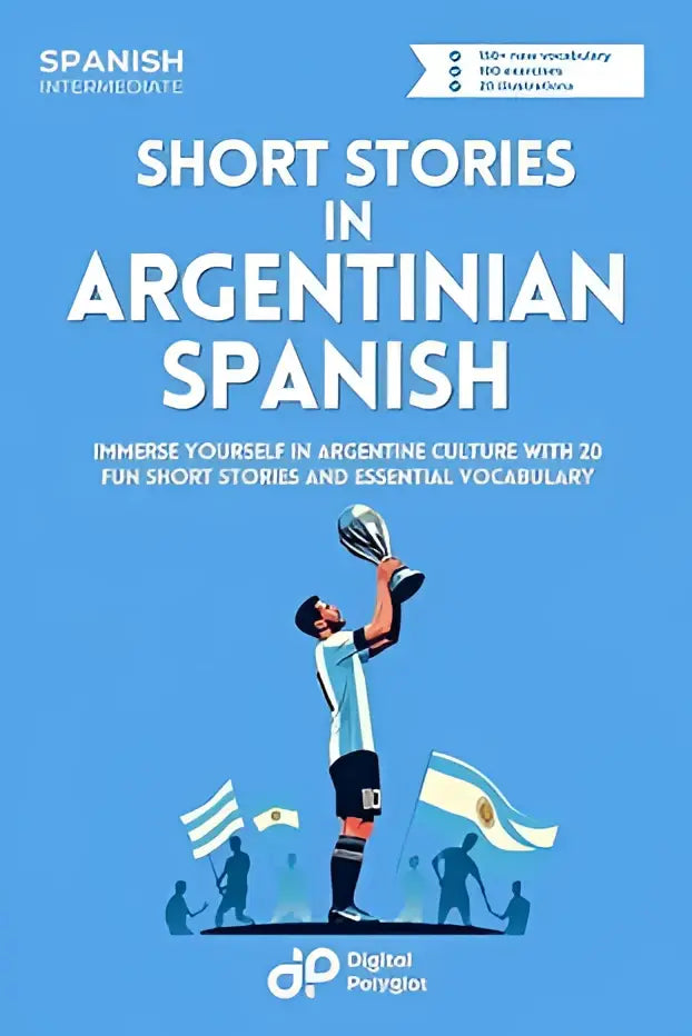 Blauwe boekomslag met een voetballer in een argentijns shirt die een trofee omhoog houdt en supporterssilhouetten, korte verhalen argentinees spaans immers jezelf