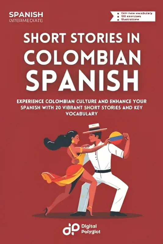 Rood boek met geïllustreerde dansers over colombiaanse cultuur short stories in colombian spanish van digital penguin