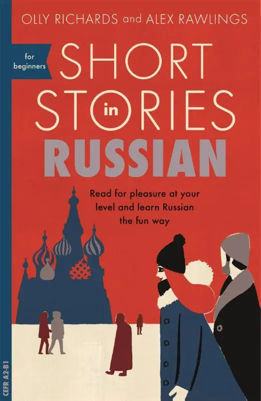 Rood boek omslag short stories in russian met illustraties van mensen en een kathedraal voor russian for beginners