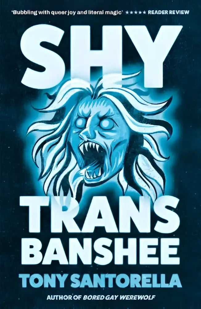 Het boekshy trans banshee toont een blauwe, spookachtige banshee voor donkere achtergrond in de supernatural mystery