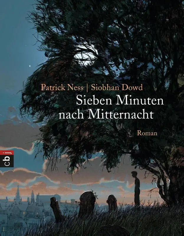 De boekomslag van sieben minuten nach mitternacht met originele illustraties toont silhouetten onder een boom bij schemerlicht