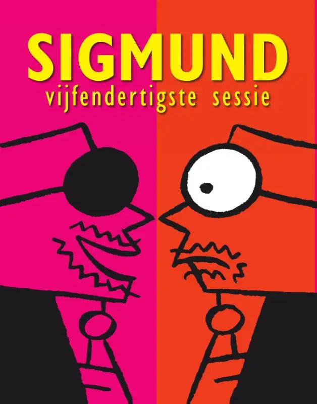 Vibrante roze en oranje split-panel cover van sigmund vijfendertigste sessie met gele tekst en cartoon gezichten strips algemeen