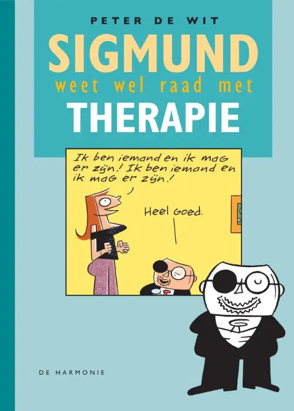 De boekcover van sigmund weet wel raad met therapie toont een cartoonillustratie van sigmund met ooglapje in pak
