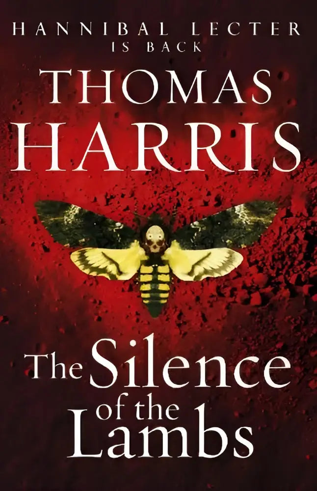 De Silence Of The Lambs boekcover toont een gele en zwarte mot met een schedel als kop tegen een rode achtergrond, hannibal lecter