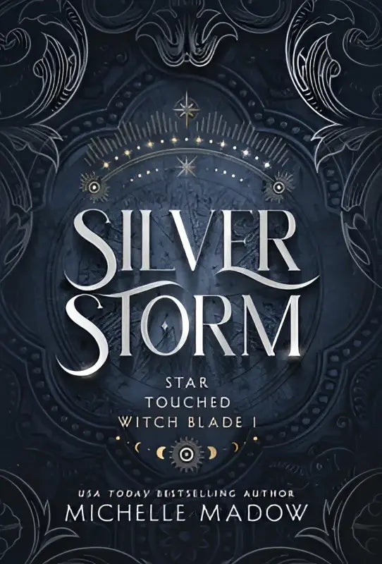 The book cover of silver storm by michelle madow features intricate silver and black celestial designs for star touched fans