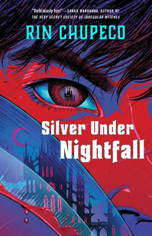 The book cover of silver under nightfall by rin chupeco shows a stylized eye in red and blue with gothic architecture silhouettes