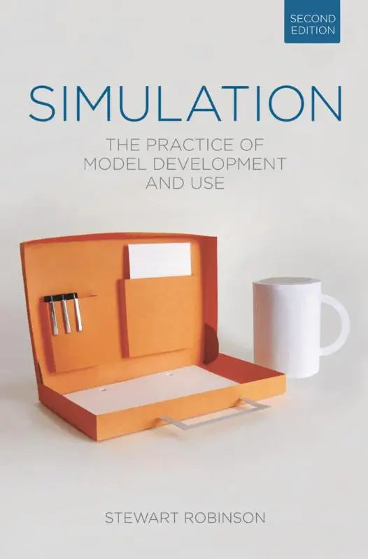 Oranje leren gebonden simulatiehandboek met minimalistisch ontwerp en witte binnenvakken over ontwikkeling en gebruik van modellen
