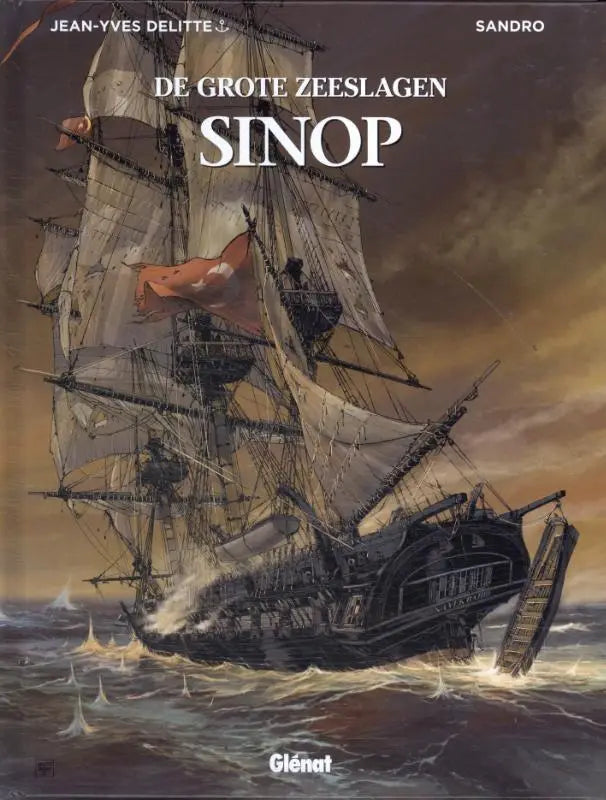 Sinop toont een dramatisch meerstammig zeilschip met witte zeilen en een rood vaandel in donkere tinten, thema grote zeeslagen van jean-yves delitte