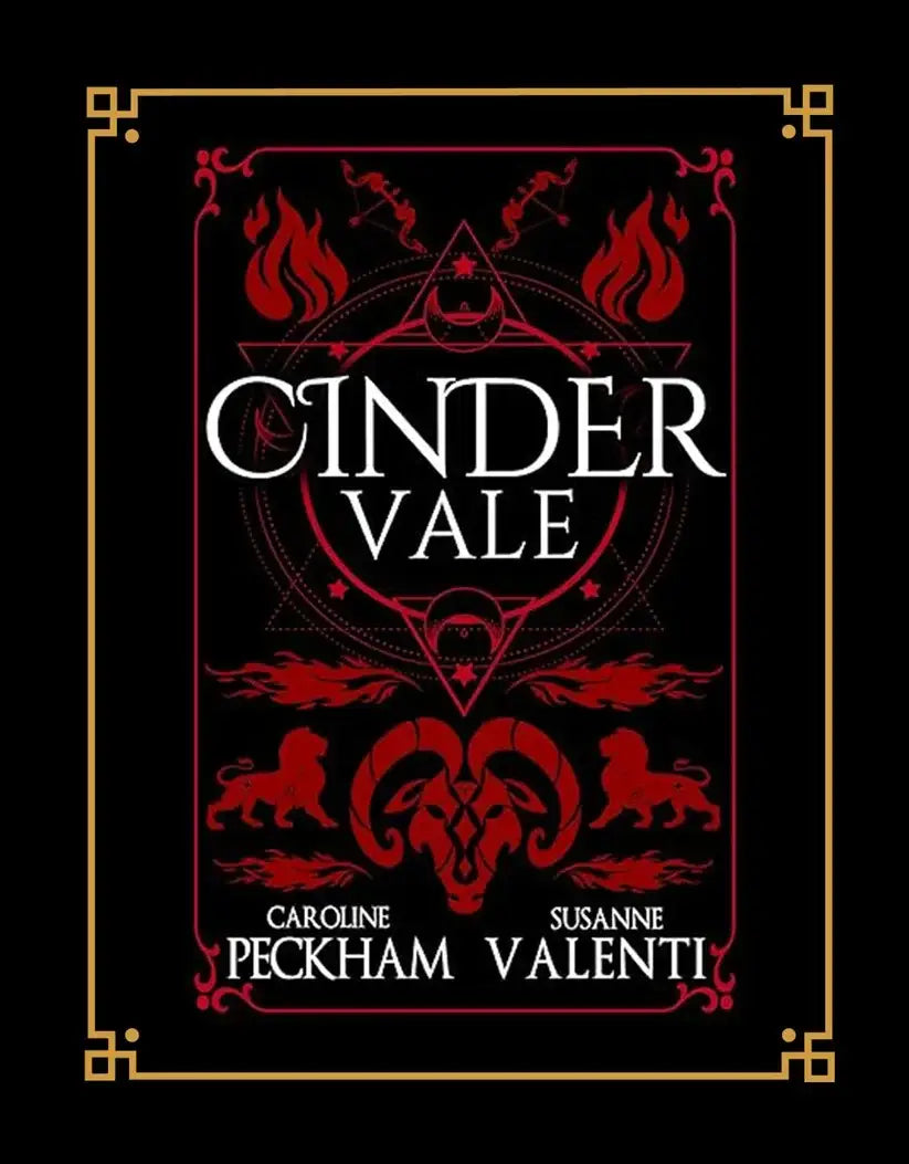 De cover van cinder vale toont witte letters op zwarte achtergrond met goud en rode symbolen van the zodiac door caroline peckham