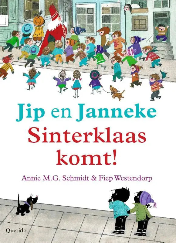 De boekcover van sinterklaas komt toont een levendig winters tafereel met kinderen in kleurrijke kleding rennend naar sinterklaas