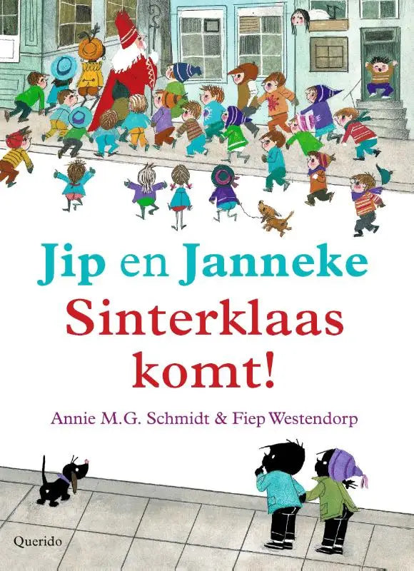 De kleurrijke geïllustreerde boekcover van sinterklaas komt met de titel jip en janneke in rood en turquoise letters