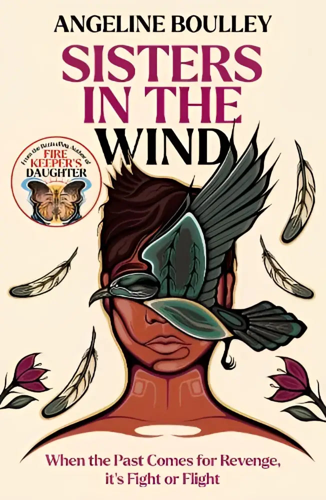 The book cover of sisters in the wind by an award-winning author shows a woman with dark skin wearing a green bird mask for jonge lezers