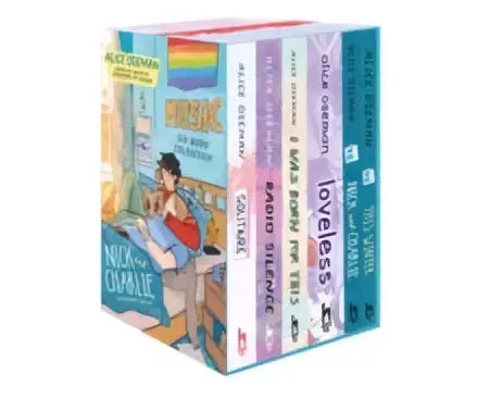 Six-book collection box set alice oseman with colorful miss clueless covers and playful illustrations featuring nick and charlie