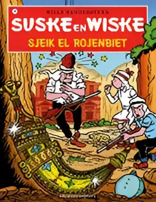 De kleurrijke cover van het suske en wiske stripboek sjeik el rojenbiet toont dynamische personages in een avontuurlijke scène