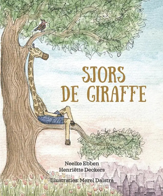 Een kinderenboekcover voor jonge lezers met sjors de giraff in blauwe shorts op een tak geïllustreerd door merel dalstra
