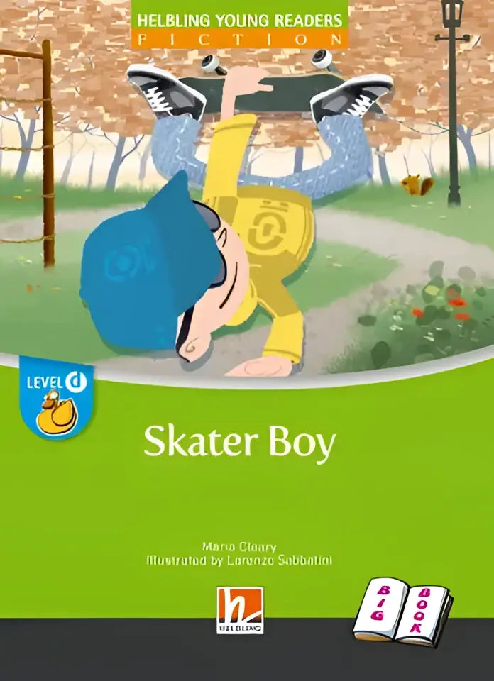 Groene boekcover Skater boy big book met cartoonjongen in geelsblauwe skate-outfit die flip doet op parkpad