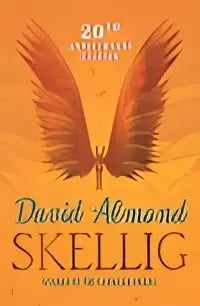 Boekcover van david almond’s the longest night met zwarte tekst op oranje achtergrond en gestileerde vleugel ontwerpen