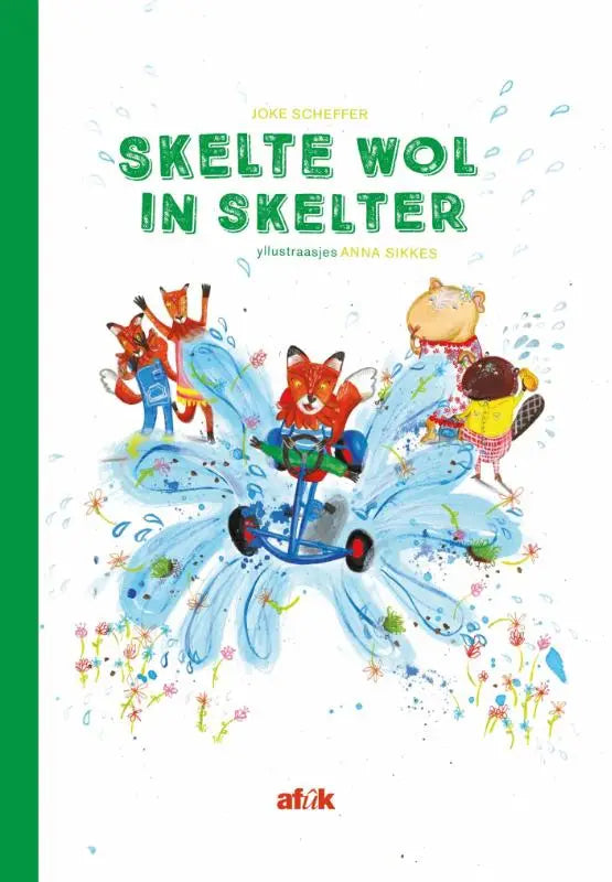 Vibrante kinderboekcover skelte wol met een rode vos op een blauwe step en kleurrijke dieren voor jonge lezers