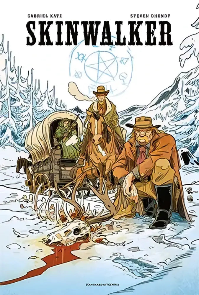 De cover van de comic book skinwalker door gabriël katz en steven dhondt toont twee mannen in winterkleding naast een met sneeuw bedekt wagen met hertengeweien en schedel