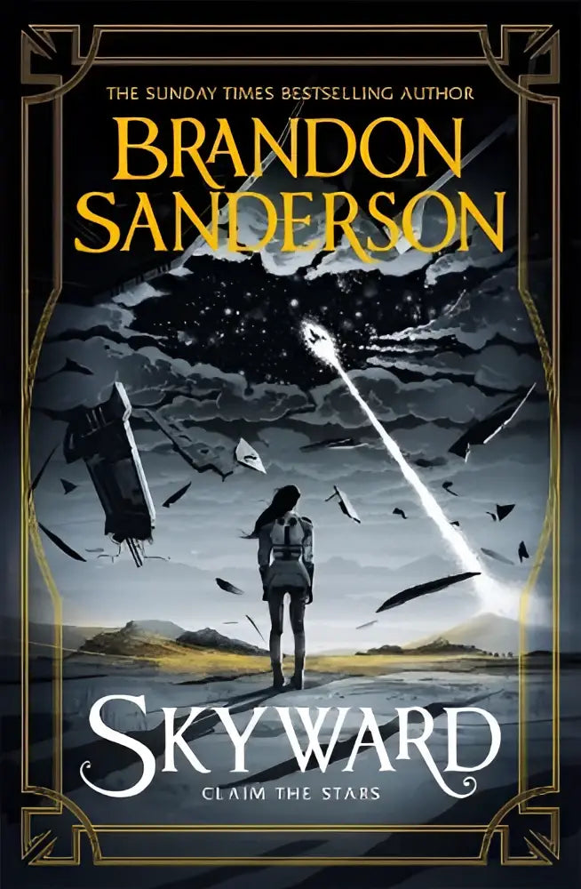 De eerste skyward roman boekomslag met donkere stormachtige lucht en goudkleurige letters van brandon sanderson