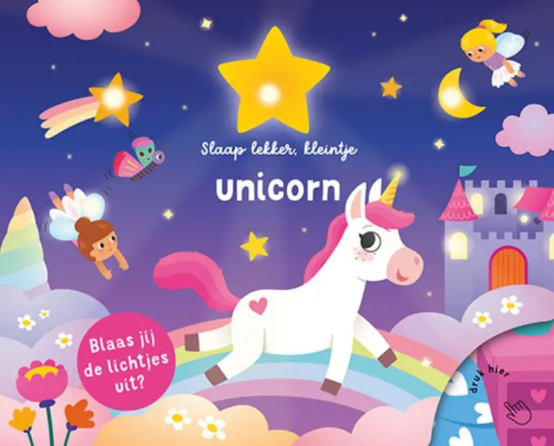 Witte kleintje unicorn met roze manen en gouden hoorn in slaap lekker jonge lezers boek slaap lekker kleintje unicorn