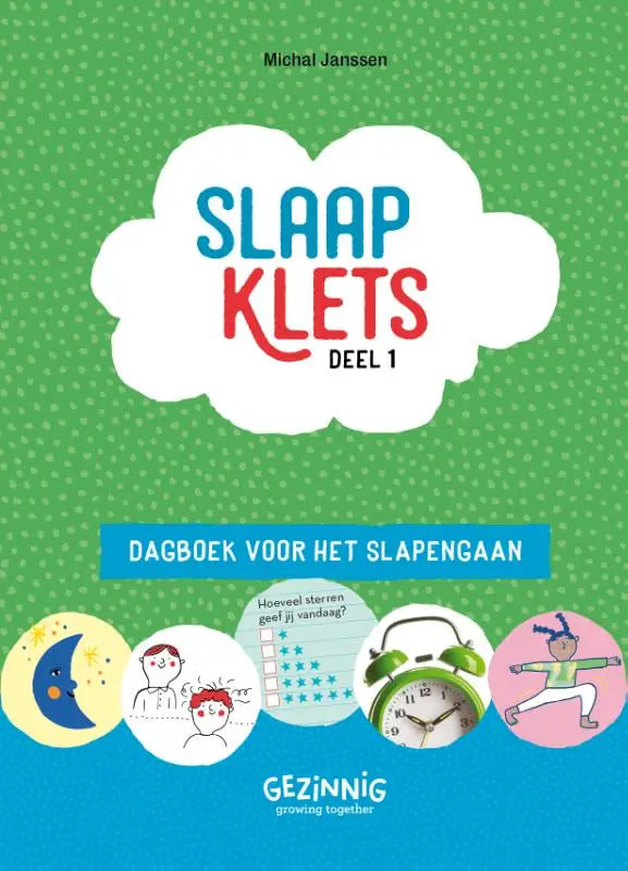 Groen en blauw kinder slaapdagboek slaap klets deel 1 met cartoon maan wekker en slapend kind voor slaapklets dag nachtboek