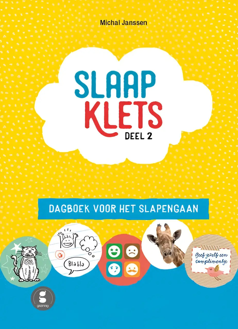 Helder geel boekcover van slaap klets deel 2 met wolkvormige witte achtergrond en kleurrijke dierenillustraties