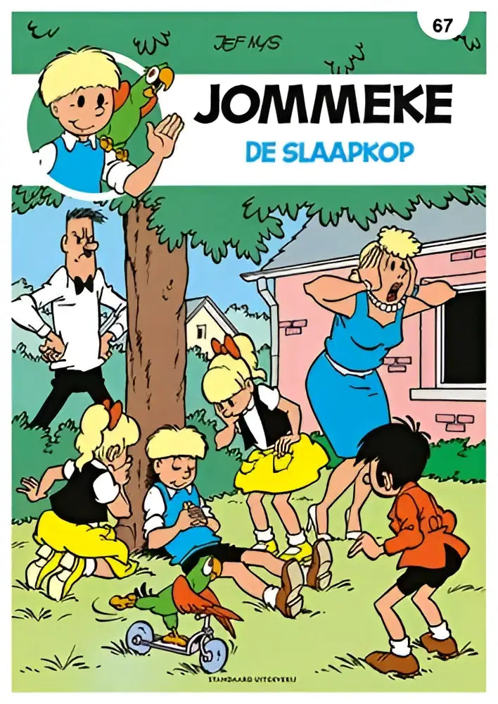 De slaapkop jommeke comicboek cover met kleurrijke personages en een papegaai op de schouder van een personage