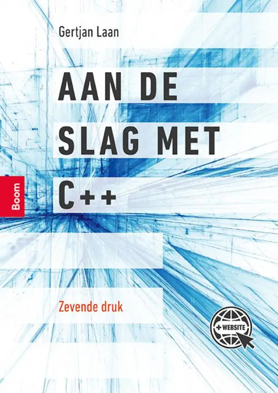 Blauw-witte abstracte omslag van aan de slag met c++ door gertjan laan, zevende editie, uitgegeven door koninklijke boom
