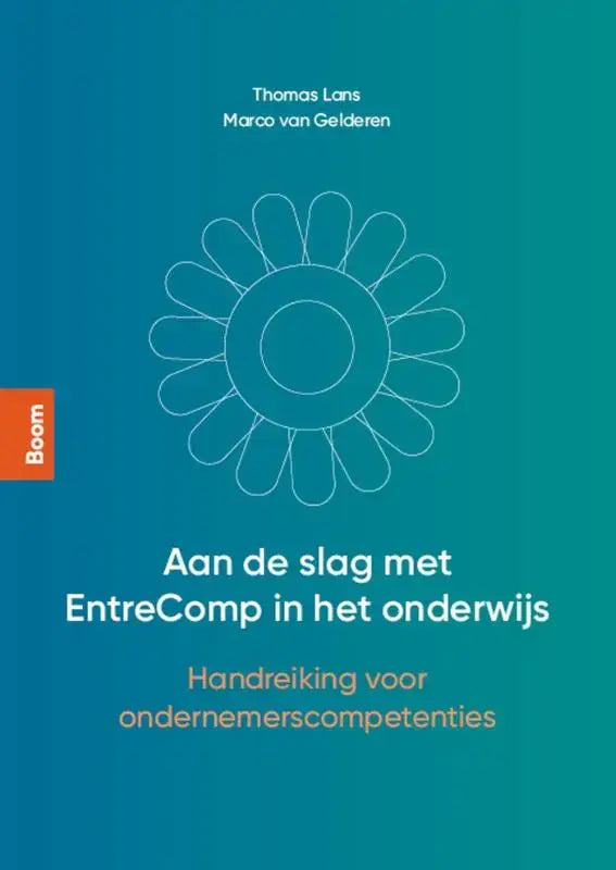 De boekcover toont een minimalistische witte bloemenlijntekening op een groenblauwe achtergrond met titel en auteurs